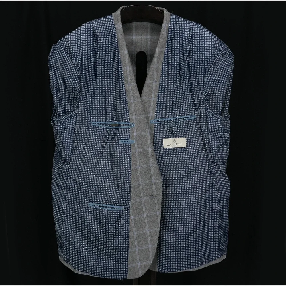 Oak Hill Sport Coat Silk‎ Wool Windowpane Blazer Mens 2XL 52R Grey Blue Check